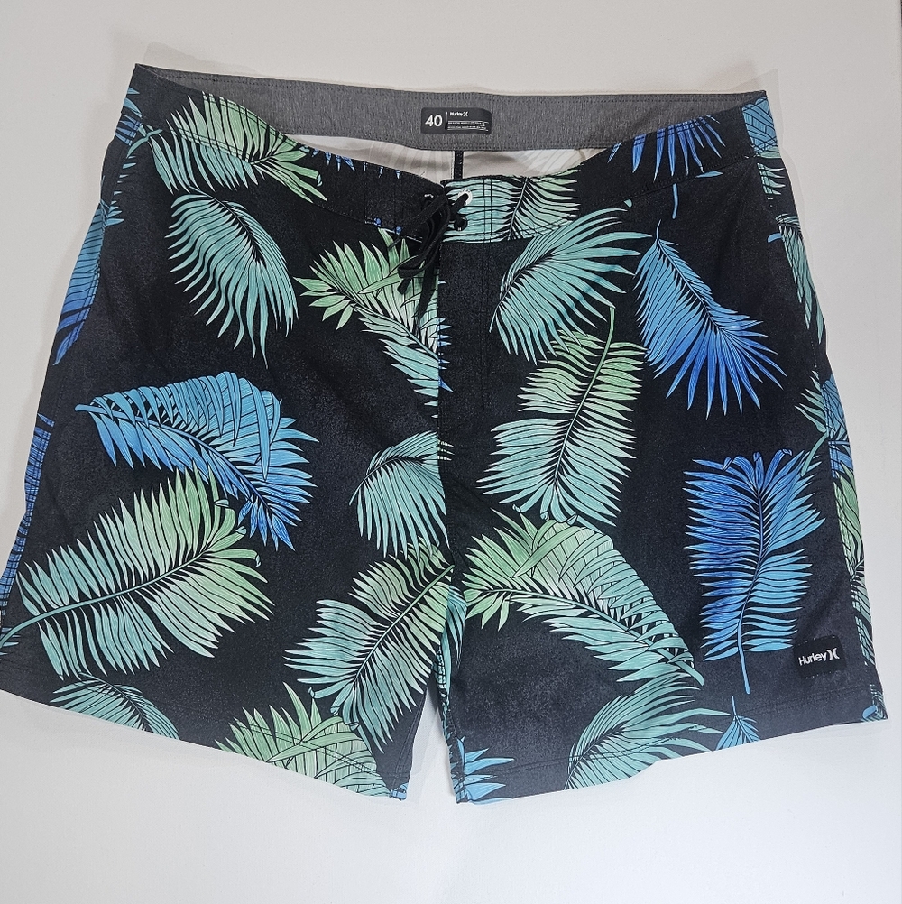 Hurley Board Shorts Mens 40‎ Black Green Blue Tropical Palm Beachy Swim Wear